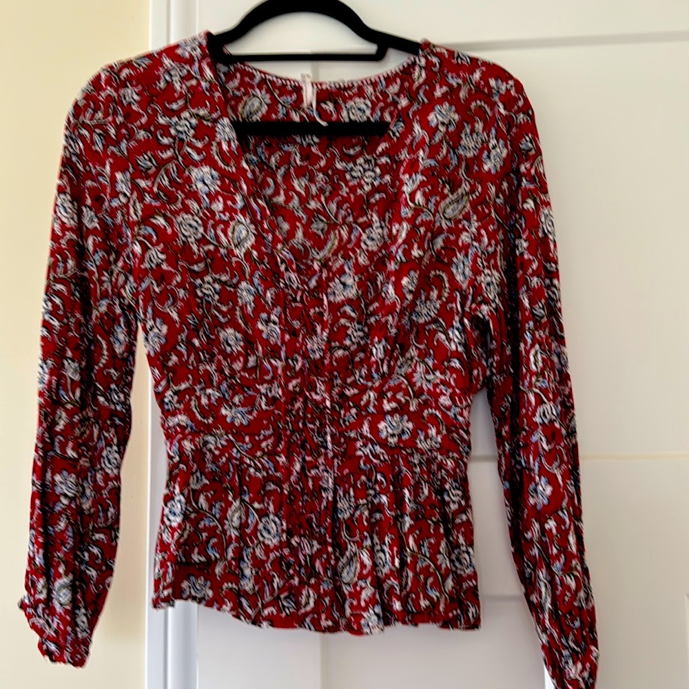 Anthropologie Feather Bone deep red floral lace-up top, Sz 10